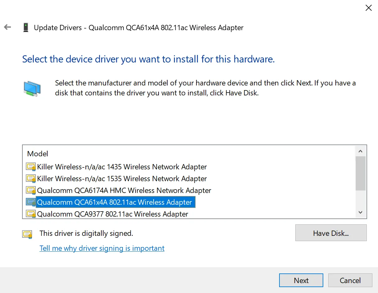 Select Qualcomm QCA61x4A driver