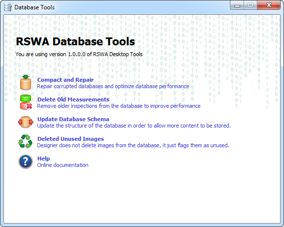 Home page of the Database Tools application