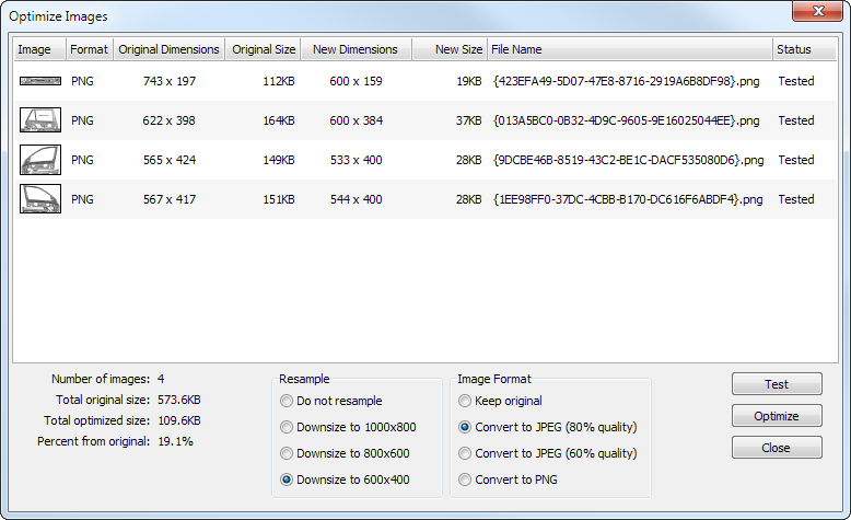 Optimizing images dialog box